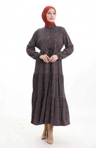 Robe à Col Mandarin Et Motifs Floraux 0197-02 Noir Rouge 0197-02