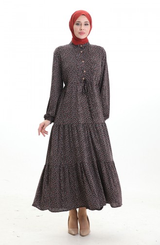 Robe à Col Mandarin Et Motifs Floraux 0197-02 Noir Rouge 0197-02