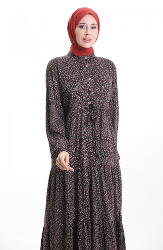 Robe à Col Mandarin Et Motifs Floraux 0197-02 Noir Rouge 0197-02