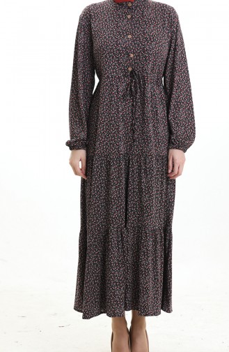 Robe à Col Mandarin Et Motifs Floraux 0197-02 Noir Rouge 0197-02