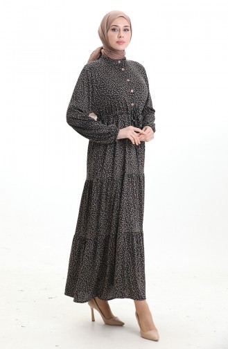 Robe à Col Mao Et Motifs Floraux 0197-03 Noir Kaki 0197-03