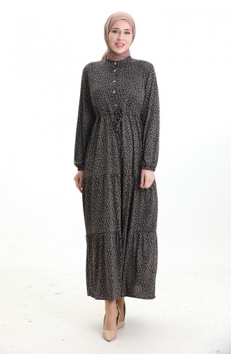 Robe à Col Mao Et Motifs Floraux 0197-03 Noir Kaki 0197-03