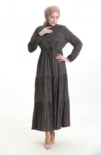Robe à Col Mao Et Motifs Floraux 0197-03 Noir Kaki 0197-03