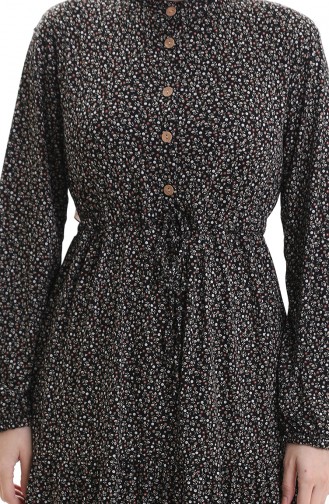 Robe à Col Mao Et Motifs Floraux 0197-03 Noir Kaki 0197-03