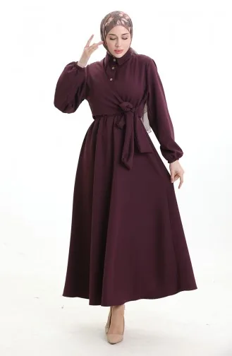Kruvaze Yaka Düğmeli Kuşaklı Elbise 0198-01 Mürdüm