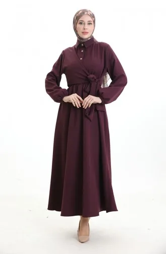 Kruvaze Yaka Düğmeli Kuşaklı Elbise 0198-01 Mürdüm