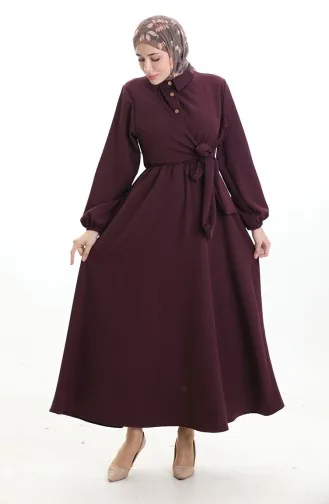 Kruvaze Yaka Düğmeli Kuşaklı Elbise 0198-01 Mürdüm