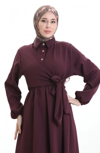 Kruvaze Yaka Düğmeli Kuşaklı Elbise 0198-01 Mürdüm