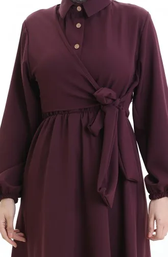 Kruvaze Yaka Düğmeli Kuşaklı Elbise 0198-01 Mürdüm