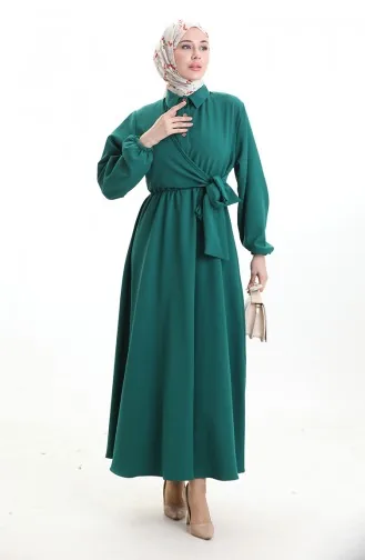 Zweireihiges Kleid Mit Knöpfen Und Gürtel 0198-02 Smaragdgrün 0198-02