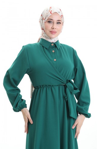 Dubbelrijige Jurk Met Knoopsluiting En Riem 0198-02 Smaragdgroen 0198-02