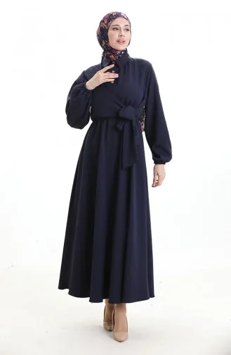 Robe Croisée Boutonnée Avec Ceinture 0198-04 Bleu Marine 0198-04