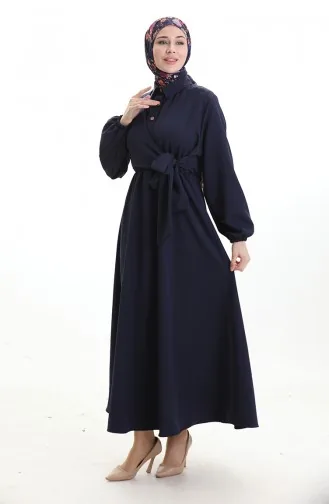Robe Croisée Boutonnée Avec Ceinture 0198-04 Bleu Marine 0198-04