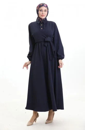Robe Croisée Boutonnée Avec Ceinture 0198-04 Bleu Marine 0198-04
