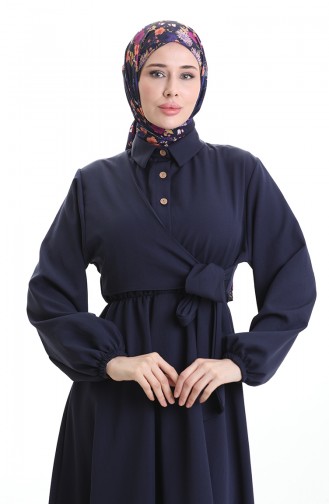 Robe Croisée Boutonnée Avec Ceinture 0198-04 Bleu Marine 0198-04