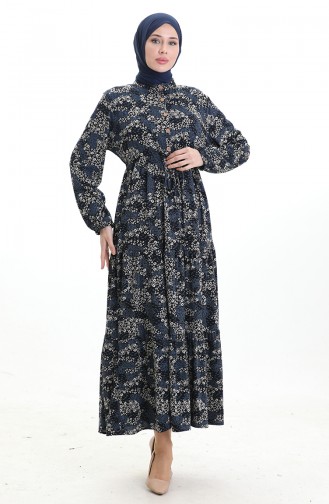 Robe à Motifs Col Mandarin Taille Nouée 0200-01 Noir Indigo 0200-01
