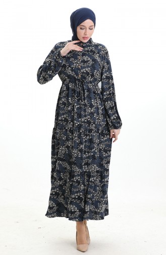 Robe à Motifs Col Mandarin Taille Nouée 0200-01 Noir Indigo 0200-01