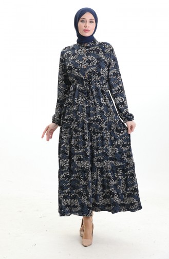 Robe à Motifs Col Mandarin Taille Nouée 0200-01 Noir Indigo 0200-01