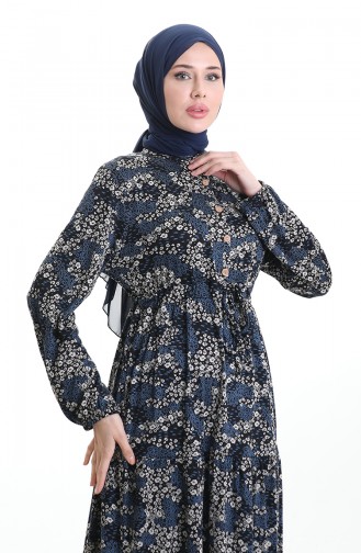 Robe à Motifs Col Mandarin Taille Nouée 0200-01 Noir Indigo 0200-01