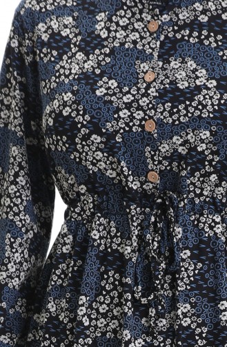 Robe à Motifs Col Mandarin Taille Nouée 0200-01 Noir Indigo 0200-01