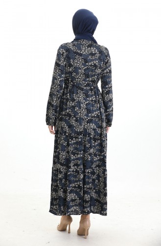 Robe à Motifs Col Mandarin Taille Nouée 0200-01 Noir Indigo 0200-01