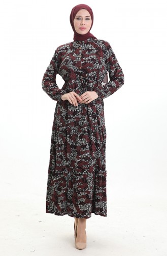 Robe à Motifs Col Mandarin Taille Nouée 0200-02 Noir Bordeaux 0200-02