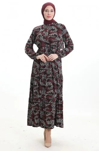 Robe à Motifs Col Mandarin Taille Nouée 0200-02 Noir Bordeaux 0200-02
