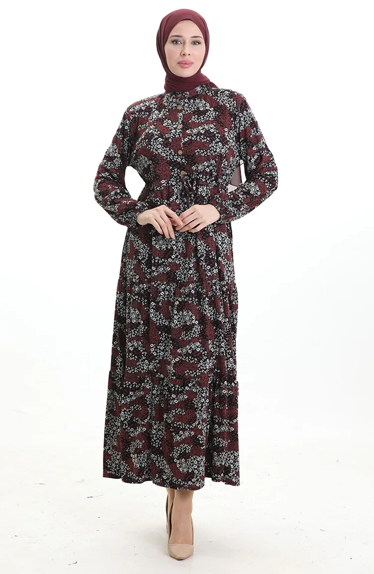 Robe à Motifs Col Mandarin Taille Nouée 0200-02 Noir Bordeaux 0200-02