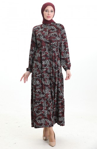 Robe à Motifs Col Mandarin Taille Nouée 0200-02 Noir Bordeaux 0200-02