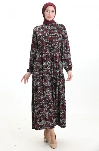 Robe à Motifs Col Mandarin Taille Nouée 0200-02 Noir Bordeaux 0200-02