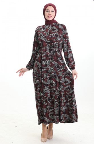 Robe à Motifs Col Mandarin Taille Nouée 0200-02 Noir Bordeaux 0200-02
