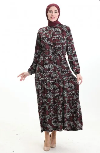 Robe à Motifs Col Mandarin Taille Nouée 0200-02 Noir Bordeaux 0200-02