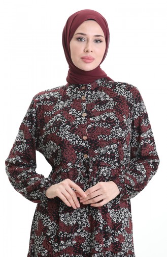 Robe à Motifs Col Mandarin Taille Nouée 0200-02 Noir Bordeaux 0200-02