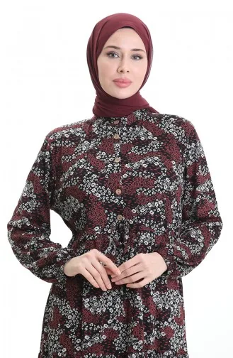 Robe à Motifs Col Mandarin Taille Nouée 0200-02 Noir Bordeaux 0200-02