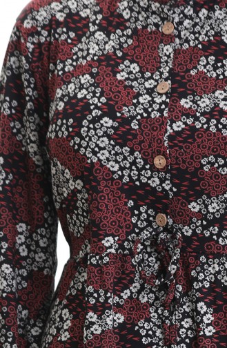 Robe à Motifs Col Mandarin Taille Nouée 0200-02 Noir Bordeaux 0200-02
