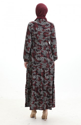 Robe à Motifs Col Mandarin Taille Nouée 0200-02 Noir Bordeaux 0200-02