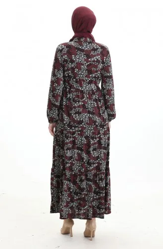 Robe à Motifs Col Mandarin Taille Nouée 0200-02 Noir Bordeaux 0200-02