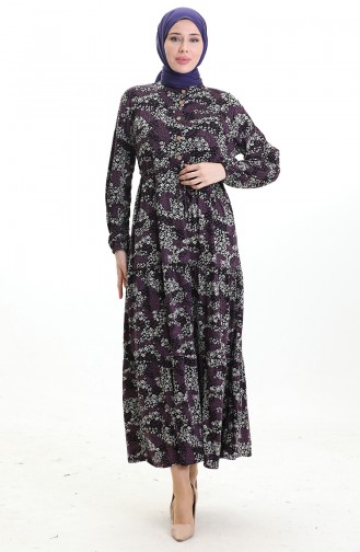 Kleid Mit Gemustertem Judge-Kragen Und Gebundener Taille 0200-03 Schwarz Lila 0200-03
