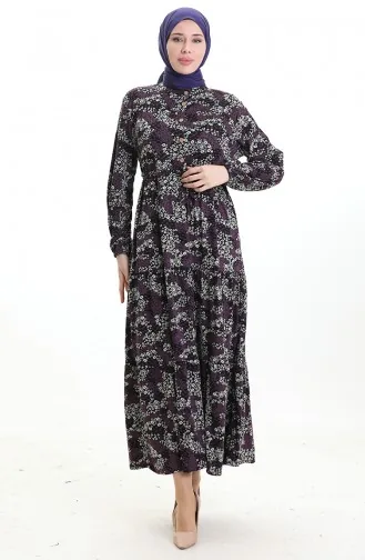 Robe à Motifs Avec Col Judge Et Taille Nouée 0200-03 Noir Violet 0200-03