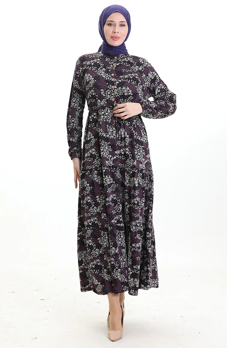 Robe à Motifs Avec Col Judge Et Taille Nouée 0200-03 Noir Violet 0200-03