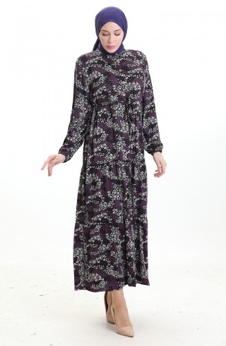 Kleid Mit Gemustertem Judge-Kragen Und Gebundener Taille 0200-03 Schwarz Lila 0200-03