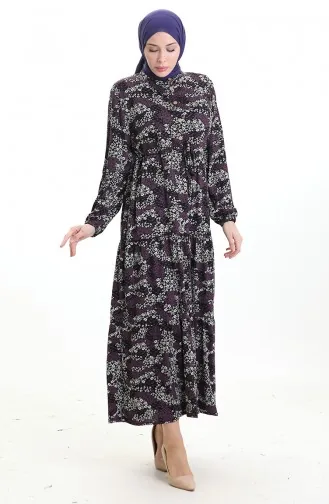 Robe à Motifs Avec Col Judge Et Taille Nouée 0200-03 Noir Violet 0200-03