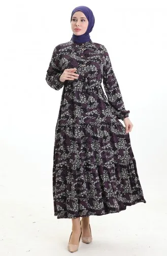 Robe à Motifs Avec Col Judge Et Taille Nouée 0200-03 Noir Violet 0200-03