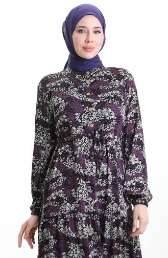 Robe à Motifs Avec Col Judge Et Taille Nouée 0200-03 Noir Violet 0200-03