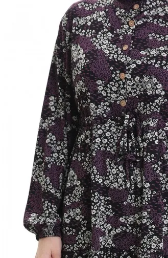 Robe à Motifs Avec Col Judge Et Taille Nouée 0200-03 Noir Violet 0200-03