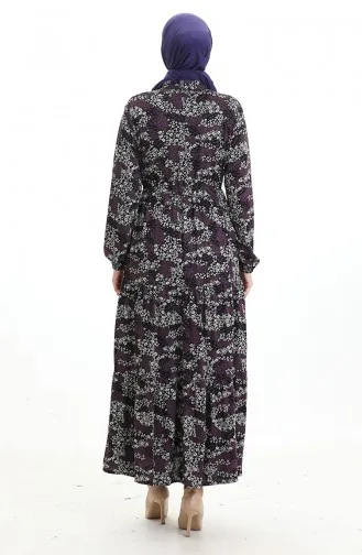 Robe à Motifs Avec Col Judge Et Taille Nouée 0200-03 Noir Violet 0200-03