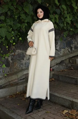 فستان محبوك بياقة مدورة مع رباط 0508-01 بيج 0508-01