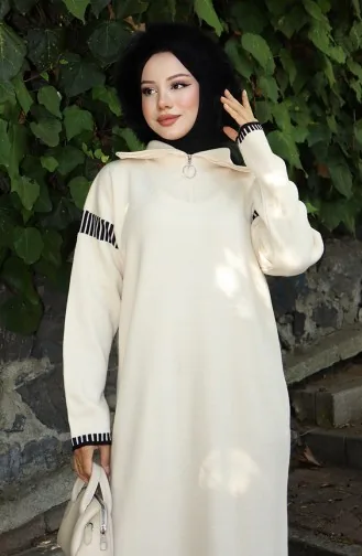 فستان محبوك بياقة مدورة مع رباط 0508-01 بيج 0508-01