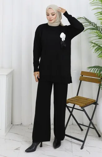 بدلة محبوكة من قطعتين، سترة وبنطلون بياقة مدورة، لون أسود، 1015-01 1015-01