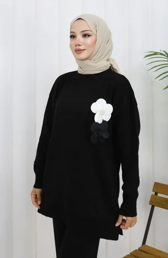 بدلة محبوكة من قطعتين، سترة وبنطلون بياقة مدورة، لون أسود، 1015-01 1015-01